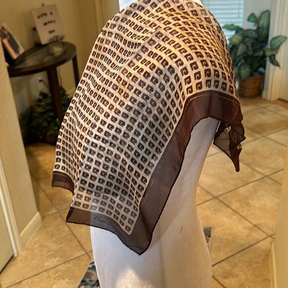 Vintage Pierre Cardin 100% Silk Square Scarf Brown Tan Logo Print Luxury Neutral - Picture 7 of 9